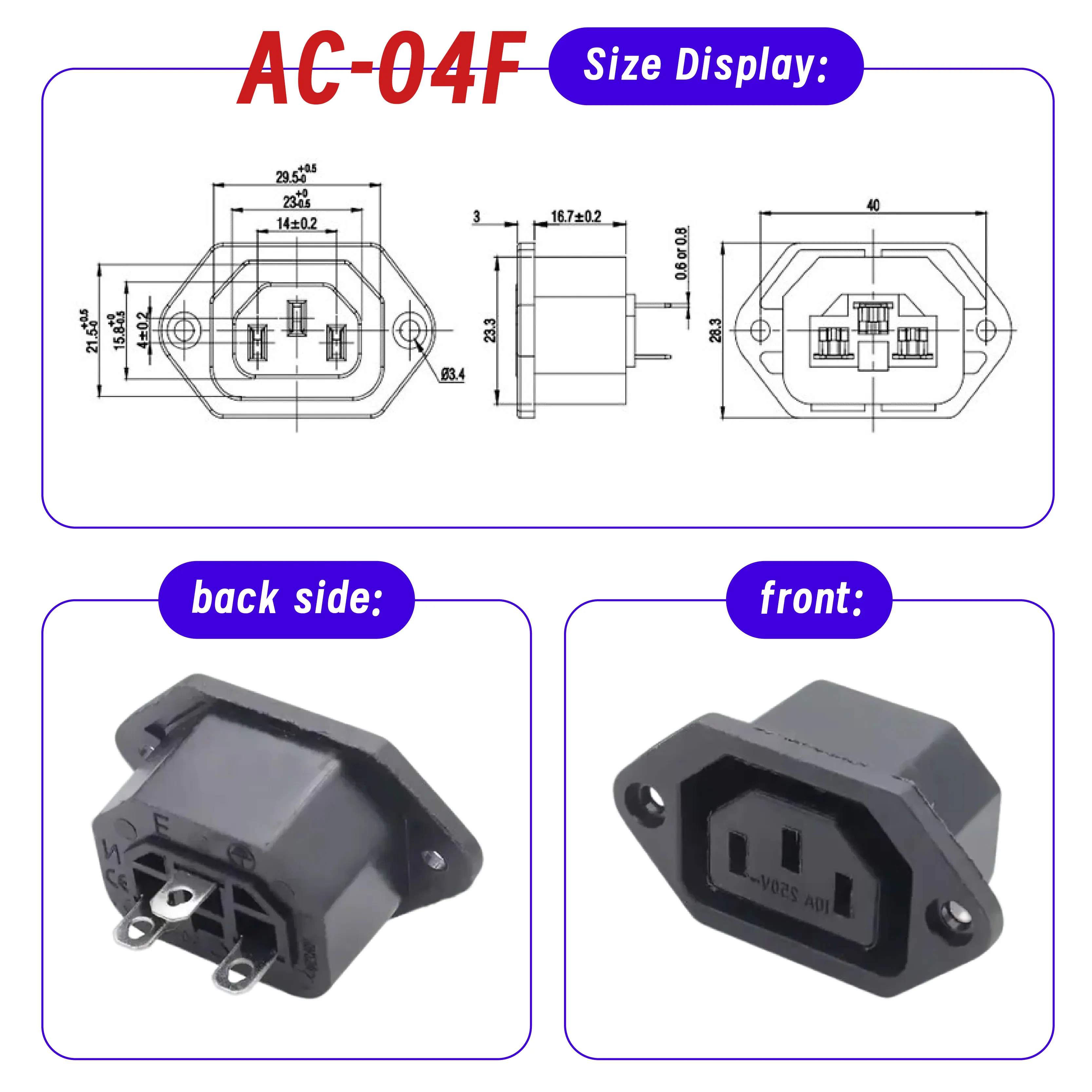 

Входная вилка Разъем AC-04F Розетка переменного тока 250 В 10 А Предохранитель Женский сменный разъем питания