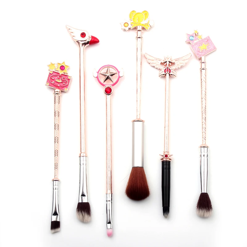 6pcs Cardcaptor Sakura Magic Wand Brush Powder Blush Trimming Blending Lip Beauty Cosmetic Brushs Soft Synthetic Hair Brush Kit