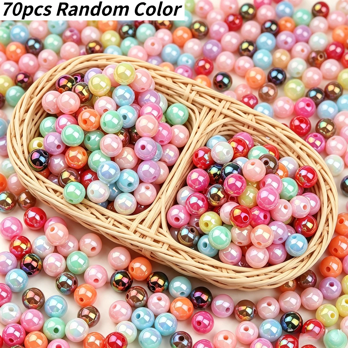 70pcs Random Color Round Acrylic Beads 10mm/12mm/14mm/16mm Loose Spacer Beads For Bracelet Jewelry DIY Craft Making