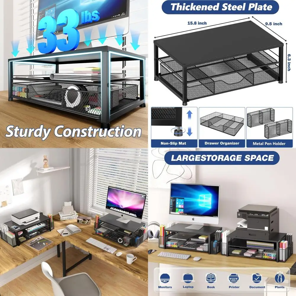 

2-Tier Monitor Stand Riser with Drawer and 2 Storage Spaces, Laptop Stand, Office Desk Organizer Accessories, Black 2-Pack