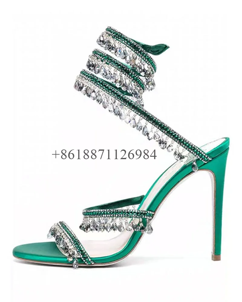 

Cross-Strap Round Toe Summer Women Sandals With Rhinestone Stiletto High Heels Snake Shaped Winding Large Size Party Shoes