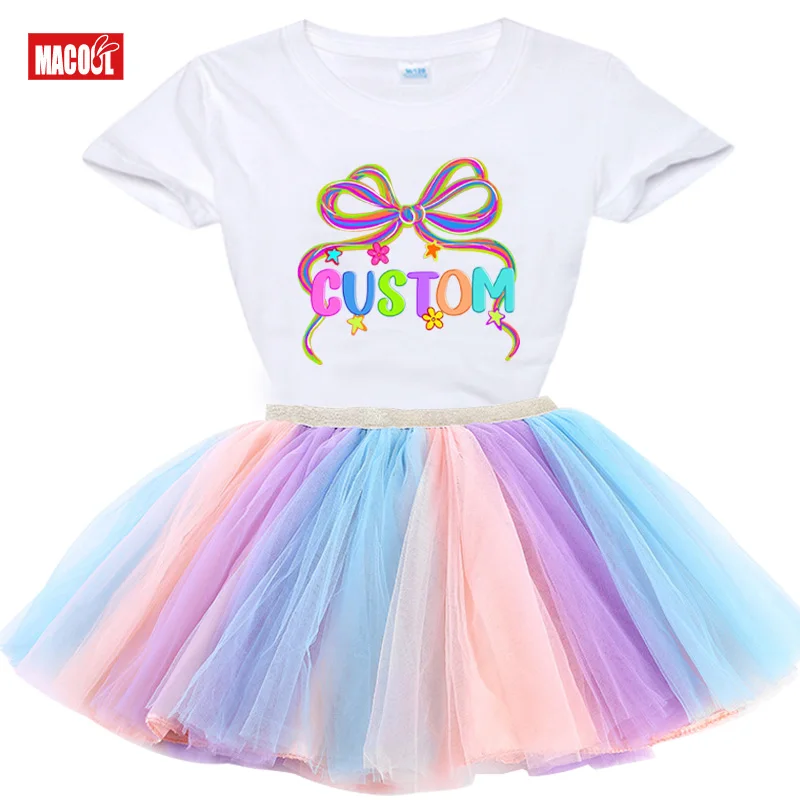 

Bow Girls Birthday Tutu Dress Set Customize Birthday Party Shirts Girl Dress Set Party T-shirt Child Suits Custom Name Outfits