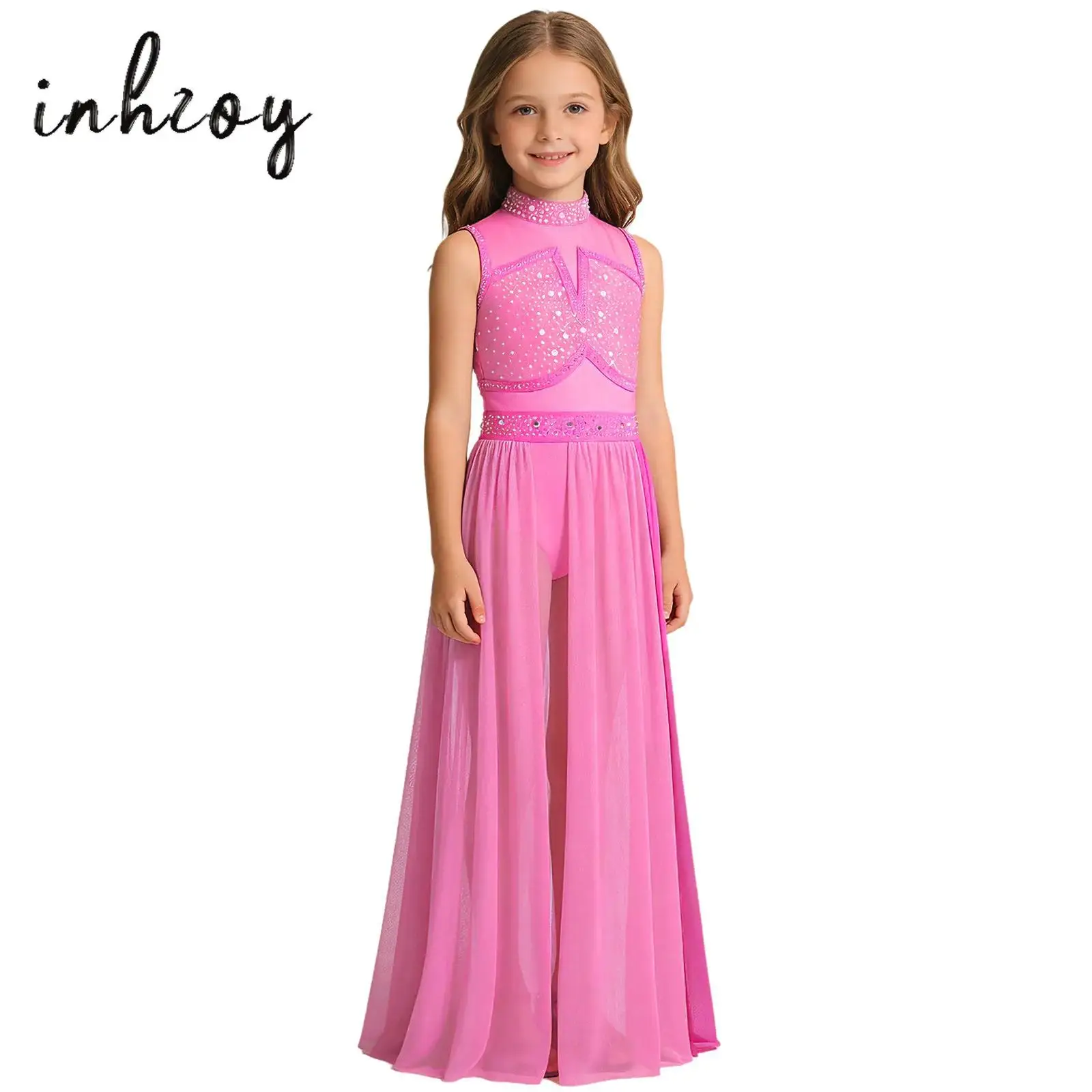 

Big Girls Figure Skating Lyrical Modern Contemporary Dance Dress Performance Costume Rhinestones Side Split Mesh Long Dress