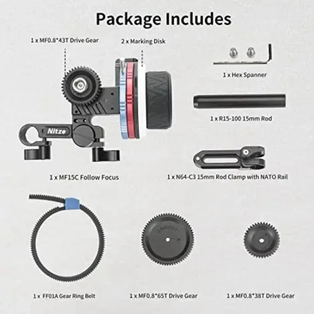 Nitze Follow Focus Kit MF15C with Drive Gears Marking Disks Gear Ring Belt 15mm Rod and Rod Clamp 360° Infinity Zoom