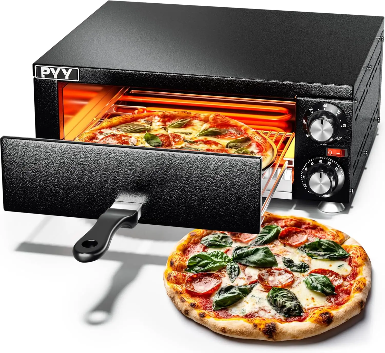 Indoor Countertop Electric Pizza Oven with Timer, Stainless Steel Commercial Pizza Maker for Home Use, Matte Black