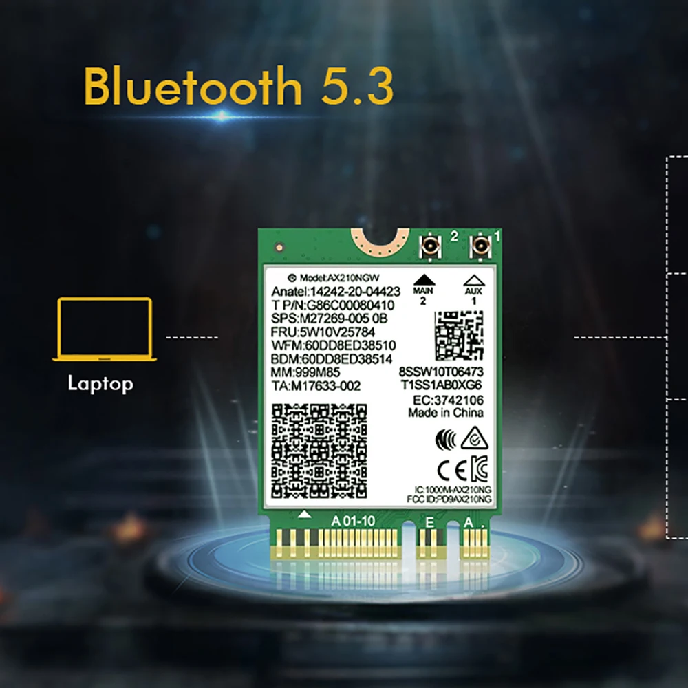 Adaptador WiFi sem fio para PC portátil, 6E Bluetooth 5.3, AX210, M.2, 5374Mbps, 2.4Ghz, 5Ghz, 6Ghz, 802.11ax