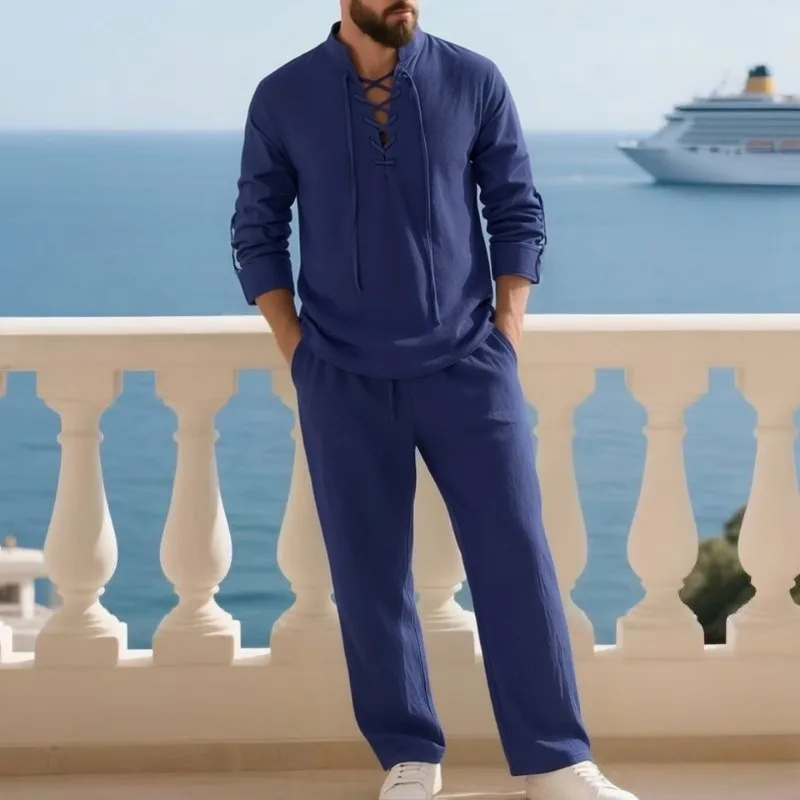 

Мужской комплект из льна и хлопка: рубашка с длинным рукавом и брюки, повседневный средневековый стиль, пляжная одежда, несколько цветов