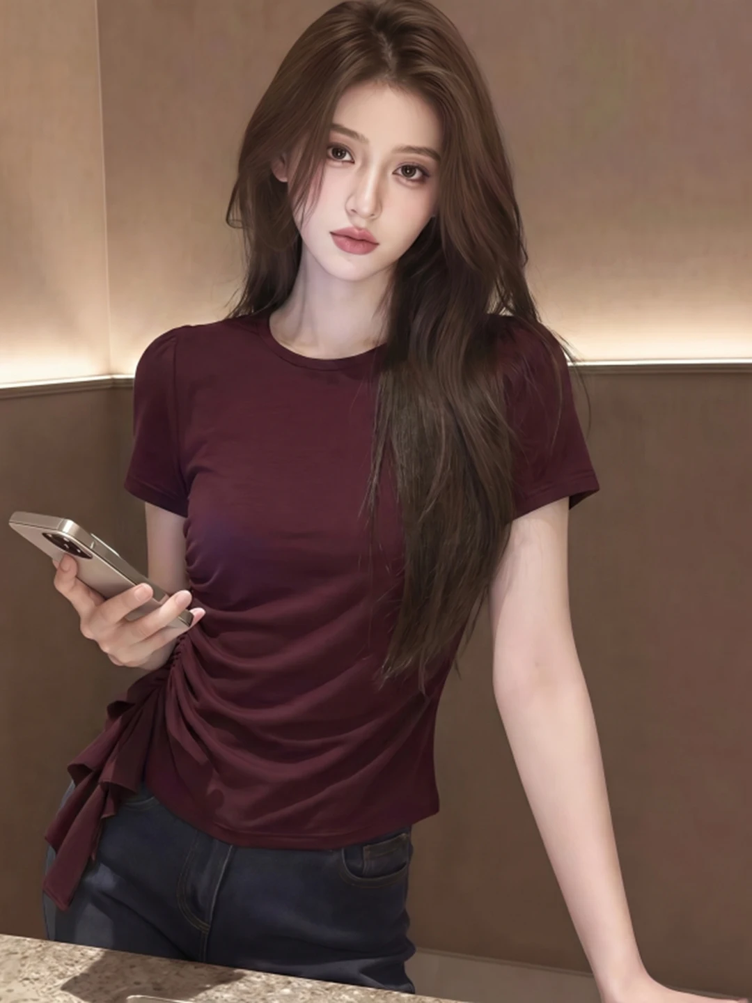 Korean Style Short Sleeve T-Shirt Women's Slim Fit Pleated Waist Design Summer plus Size Beautiful Unique Top round Neck