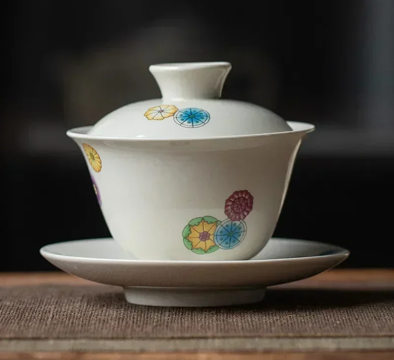 Gaiwan Sancai Chinois Porcelaine 170g - Tasse Couvercle Soucoupe Motif Floral Doré 120ml