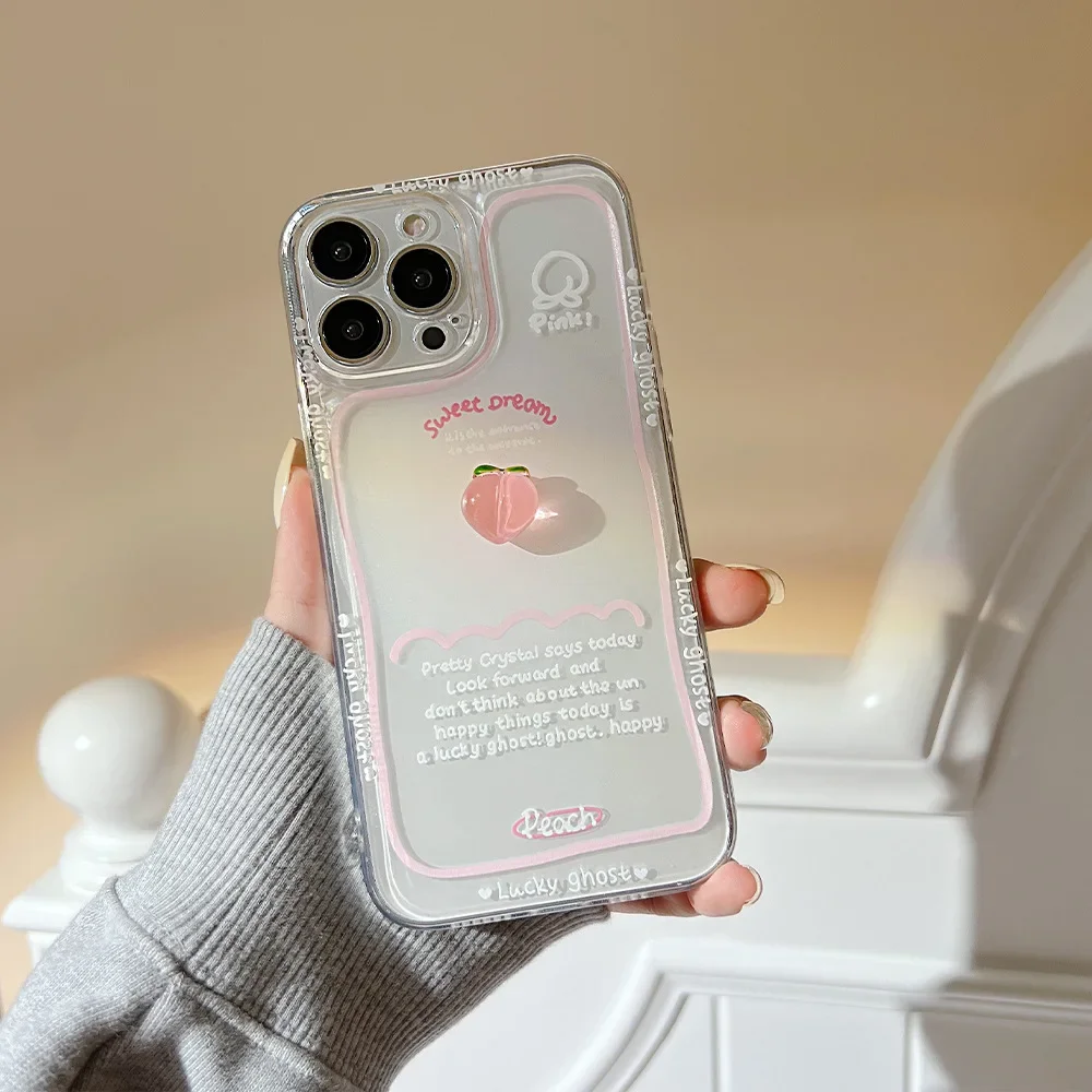 Kawaii crystal peach sweet girls transparent Phone Case For iPhone 16 15 14 13 11 12 Pro Max XR 14 15 16 Plus case Cute Cover