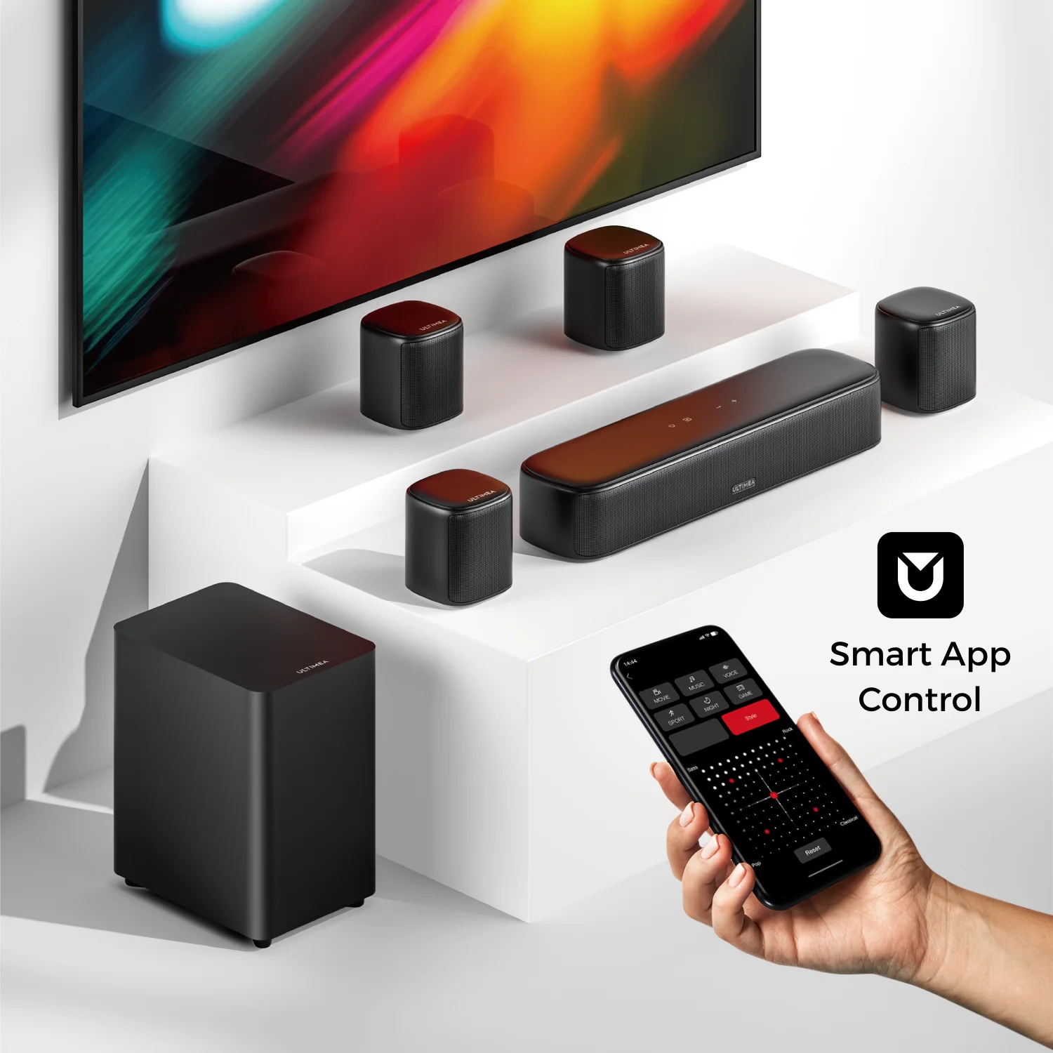 ระบบซาวด์บาร์ ULTIMEA 7.1 แชนแนลสำหรับทีวี พร้อมลำโพงเซอร์ราวด์ 4 ตัว, ระบบเสียงเซอร์ราวด์เสมือนจริงควบคุมผ่านแอป, เสียงโฮมเธียเตอร์