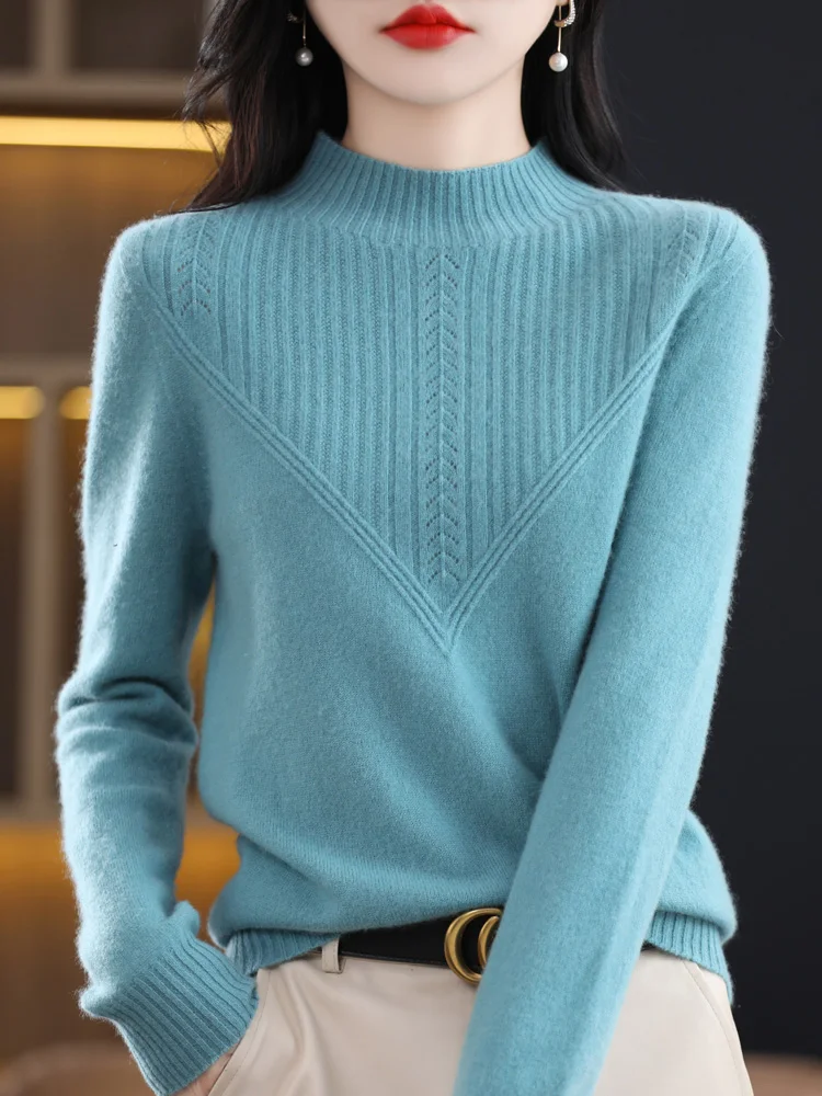 2024 Autumn Winter Women Pure Merino Wool Sweater Striped O-Neck Pullover Knitwear Casual Basics Cashmere Clothing Tops