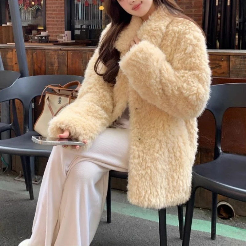 

2026 Faux Fur Jacket Women Solid Turn Down Collar Outerwear Loose Spliced Jacket Long Sleeve Thick Warm Coats Autumn Winter