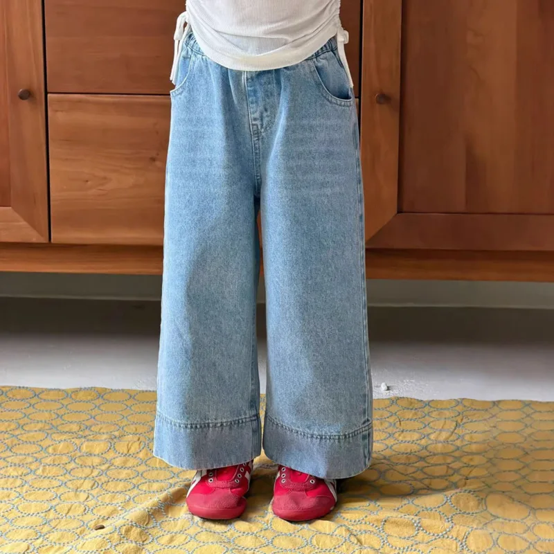 

Джинсы для девочек на весну-лето, модные повседневные свободные широкие брюки из мягкого денима для детей 3-12 лет