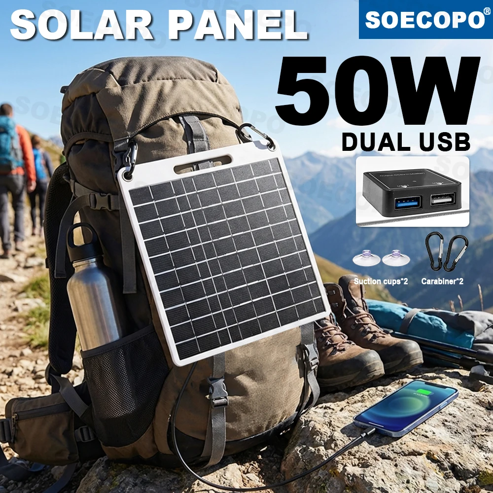 50W Flexibles Solarpanel mit USB-Ausgang Schnell & Sicher Aufladen für Handy, Powerbank Outdoor Camping, Wandern, Zuhause, Wohnmobil, Notfälle