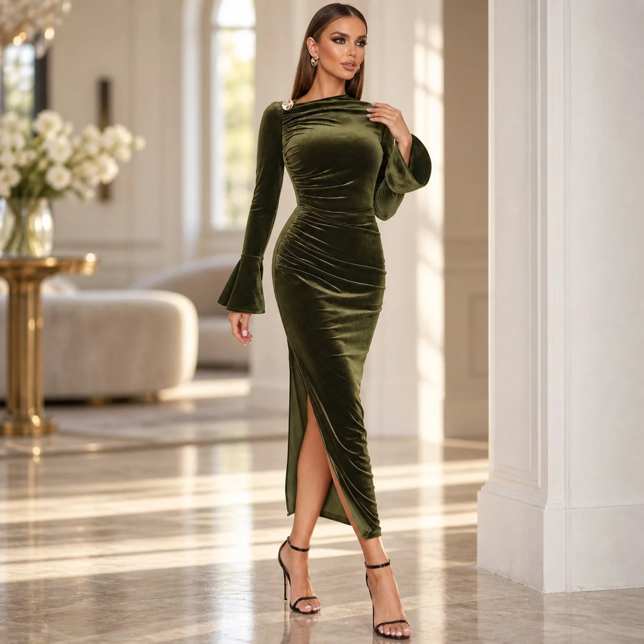 High Waist Pullover Dress Pencil Refined Commuter with Slit Style Daily Party Dress Slim Fit Elegant Long Sleeves Date for Women