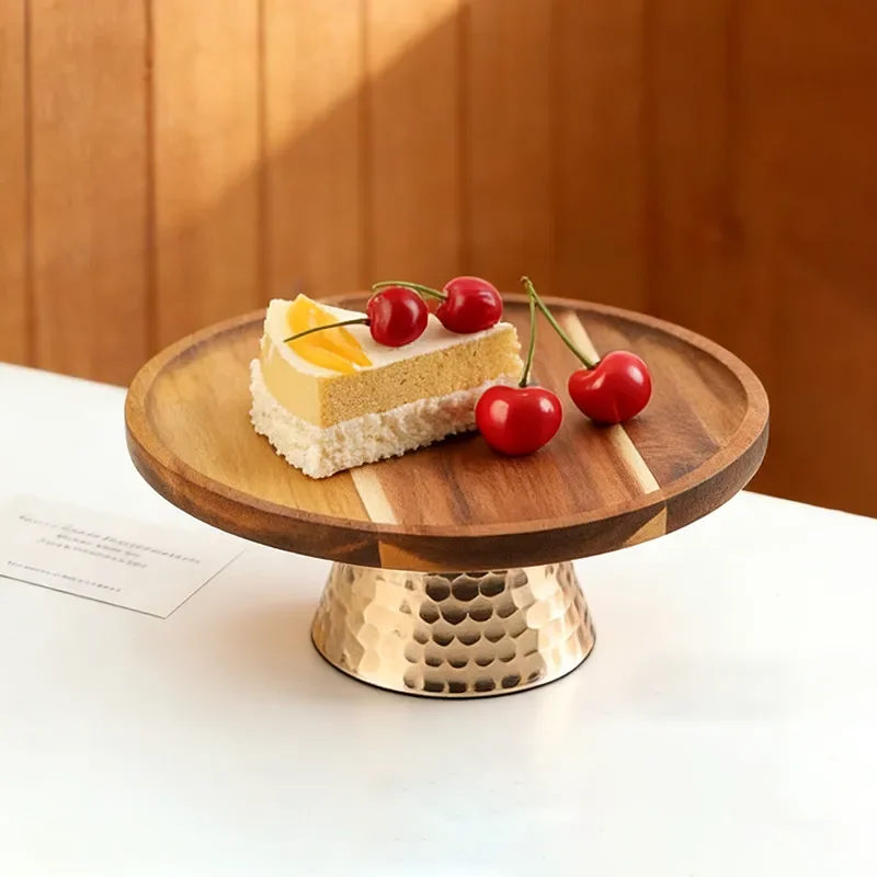 Light Luxury High Footed Metal Hammer Pattern Base Fruit Plate Solid Wood Cake Dessert Display Tray Home Ornament