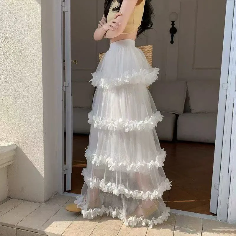 

Skirt Women's Spring and Summer New White Petal Cake Skirt Design Sense Cake Skirt Long Umbrella Skirts