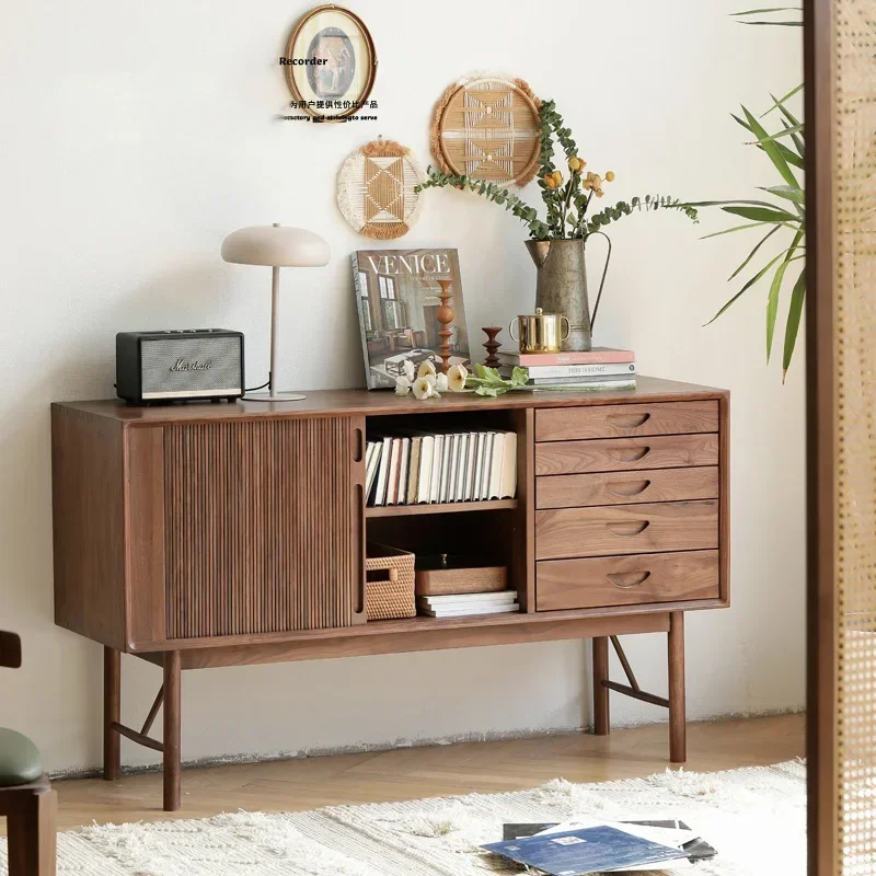 Nordic black walnut entrance all solid wood storage cabinet, rolling shutter door modern light luxury locker