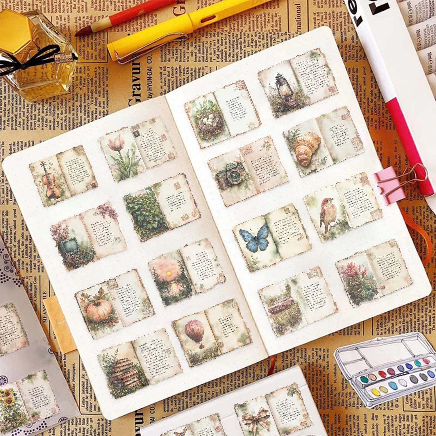 50 Stück Vintage Aquarell Tagebuch PET Aufkleber DIY dekorative Handyhüllen, Schreibtische, Helme, wasserdichte Urlaubsgeschenke Aufkleber