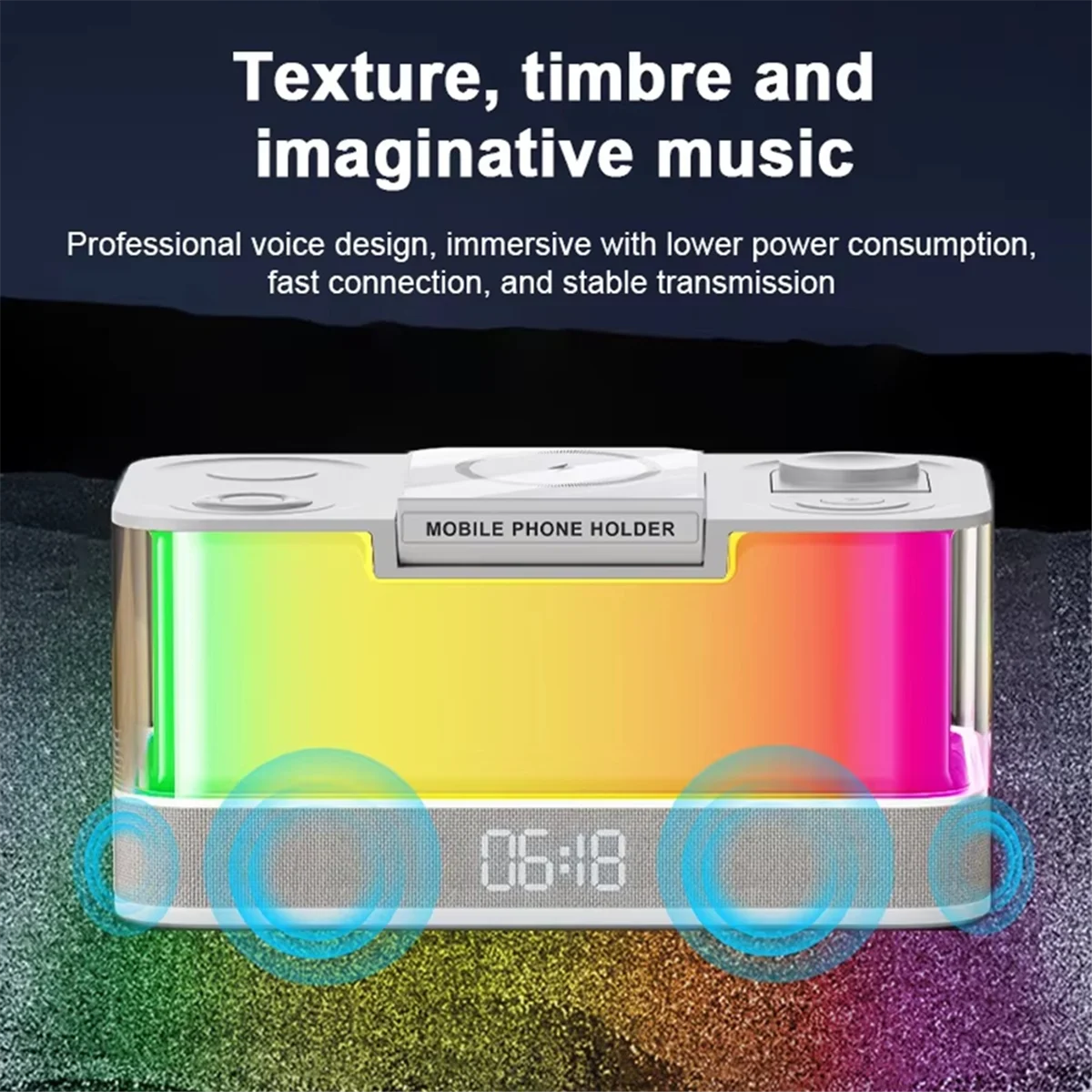 Multifunction Wireless Charger Pad Stand Speaker RGB Night Light 15W Fast Charging Station with Clock