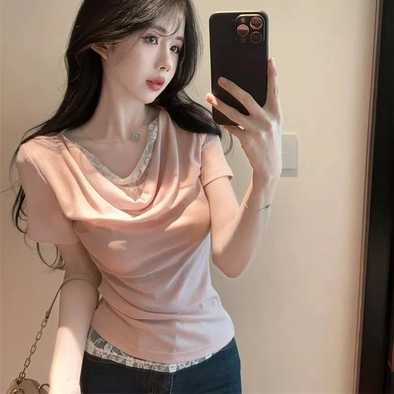 الحلو الدانتيل المرقعة سليم القمم النساء ملابس الصيف جديد قصيرة الأكمام الصلبة غير النظامية الكورية تي شيرت موضة مثير ملابس حريمي