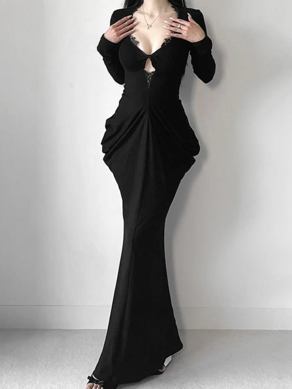 

Gothic Deep V Lace Dr k Par Sexy Long Sve Fi Tail Skirt Wrap Body Long Dr High Waist Simple Sle Wedding Dr