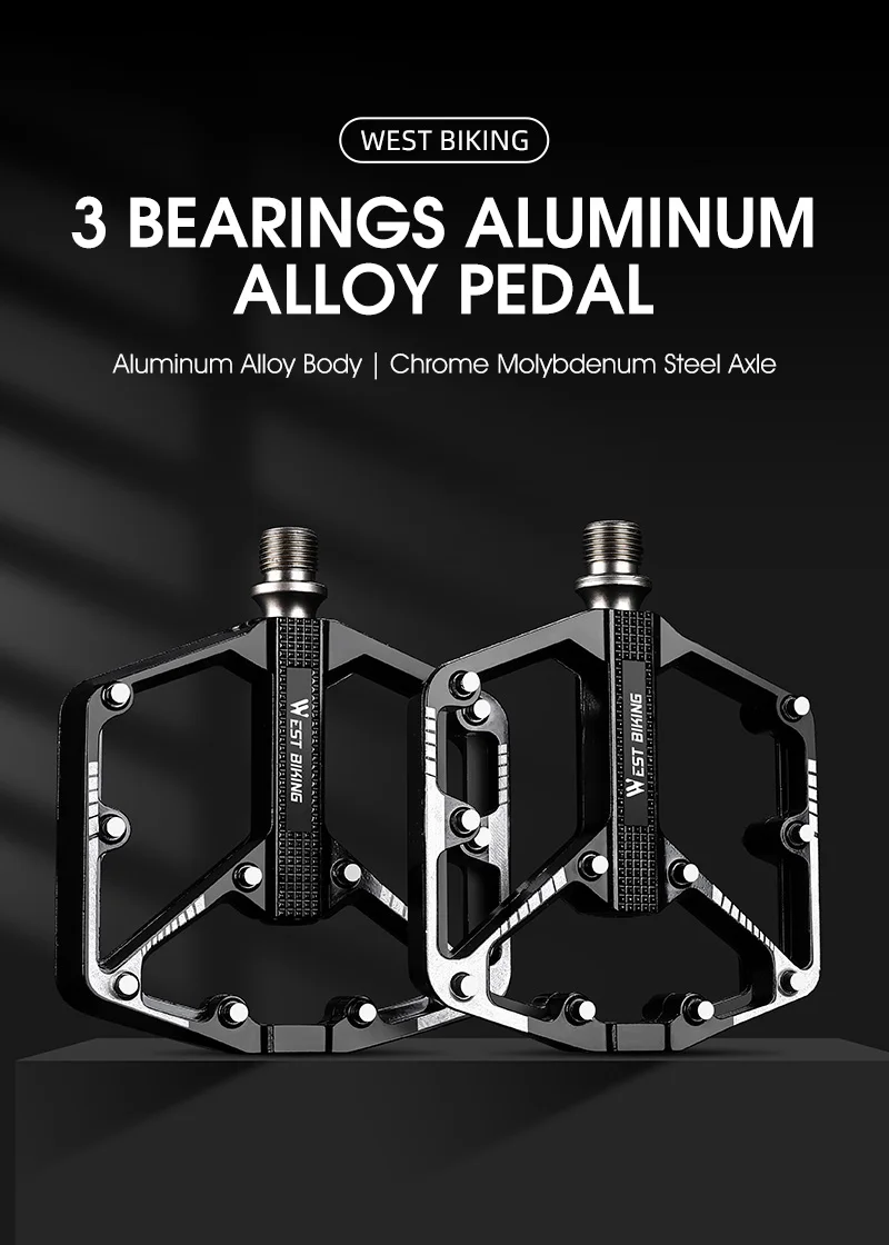WEST BIKING 3-Lager Fahrradpedale aus Aluminiumlegierung für MTB, Mountainbike, Rennrad und BMX - Rutschfeste Flachpedale als Fahrradzubehör – Detail 1