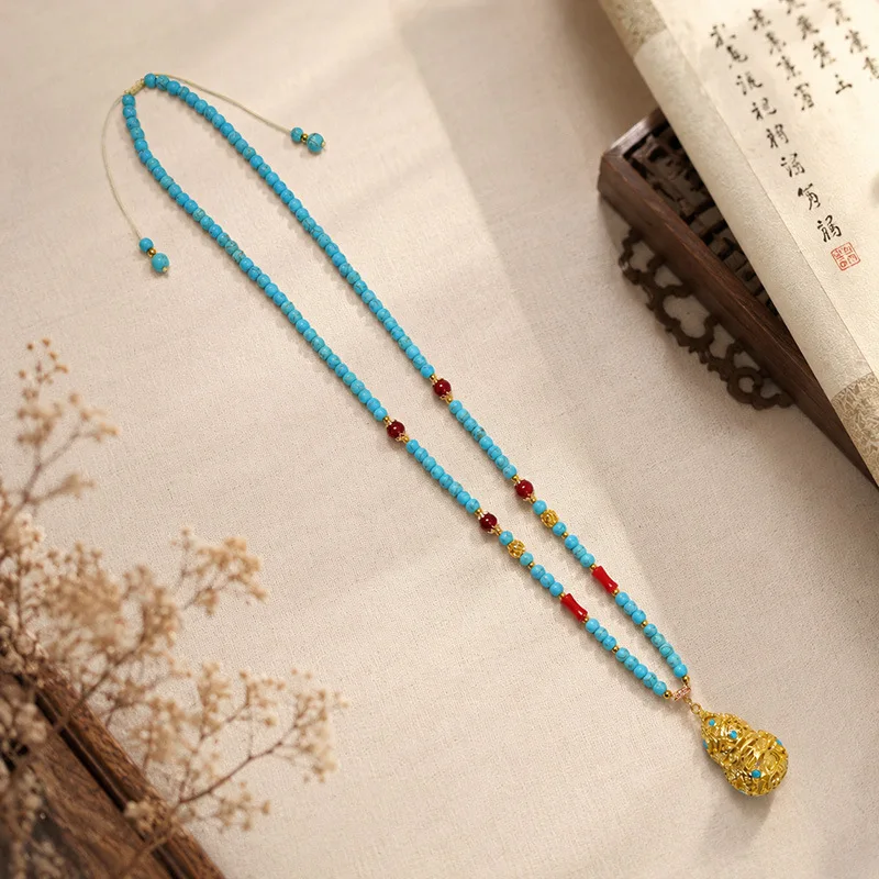 Turquoise Beaded Chinese Style Long Soft Yingluo Tang Ming Dynasty Hanfu Accessory Detachable Hollow Gourd Long Tassel Dual Use