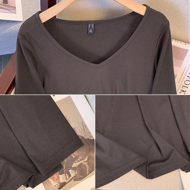 Plus size, versatile base shirt Korean version new slimming V-neck long sleeved T-shirt top 3350