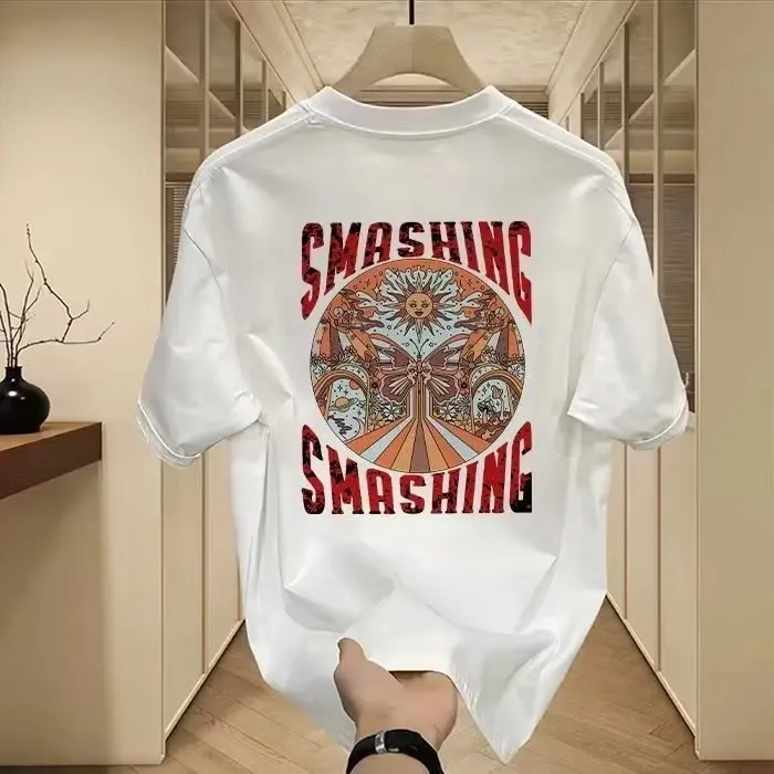 

Sun Disk Printed T-shirt Men's 2025 New Summer 100% Cotton Trendy Loose Casual T-shirt Breathable Round Neck Short-sleeved Top