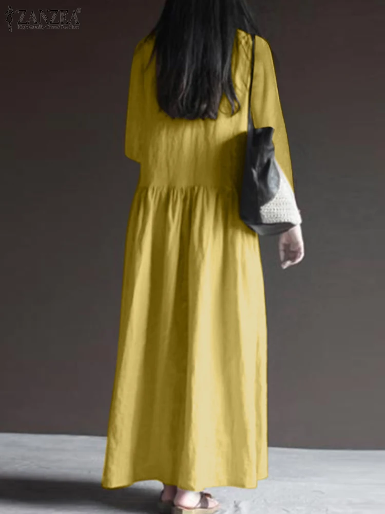 Autumn Vintage Long Dress Women Casual Solid Long Sleeve Sundress Stylish Holiday Robe Vestidos ZANZEA Elegant Loose Dresses