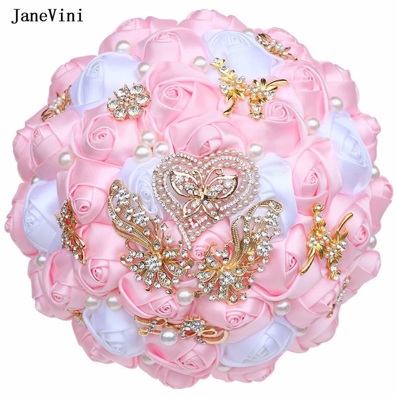 

JaneVini Luxury Rhinestone Pink Bouquet Flower Butterfly Brooch Bridal Bouquets Pearls Ribbon Roses Korean Bride Wedding Bouquet