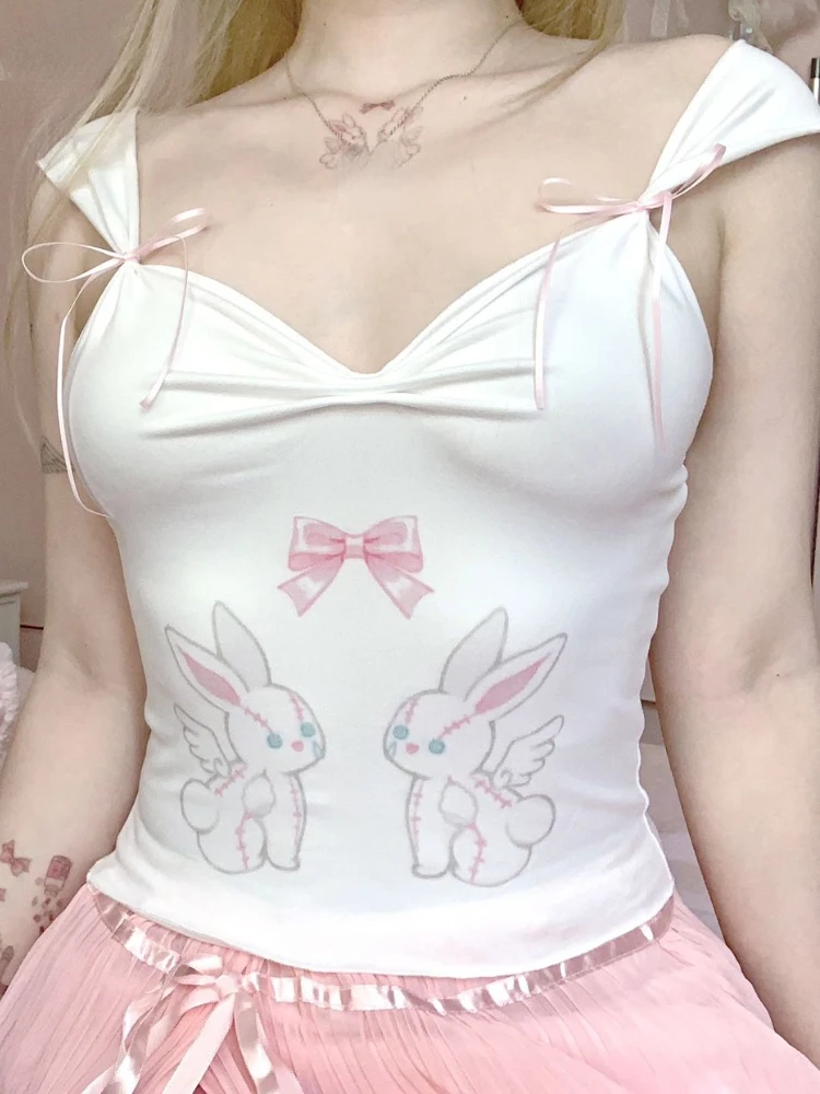 Japanese Kawaii Lolita Bow Crop Tops Women Rabbit Print Cute Sweet Tank Tops Female White Slim Korean Elegant V-Neck Summer 2023