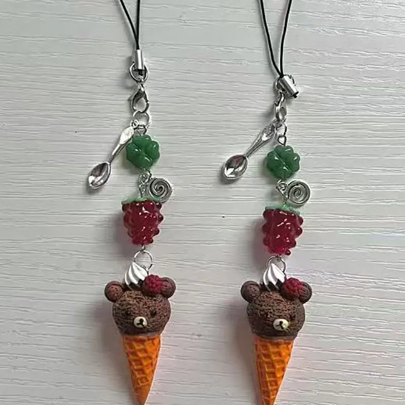 1pcs Handmade bear ice cream + spoon keychain/food mobile phone charm