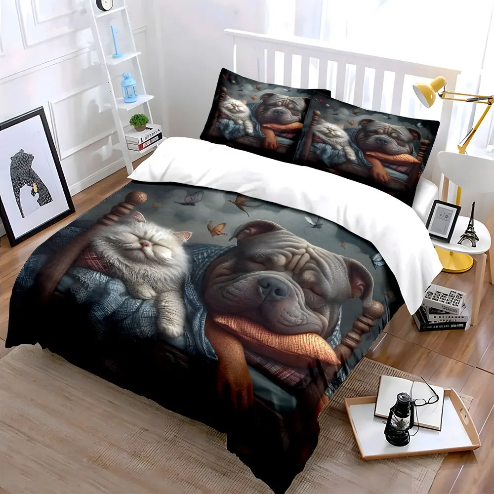 Cats and dogs cozy companions on the sofa Print Bedding Set 1 Duvet Cover 2 Pillowcases for Adult Children Luxury Gift Full Size