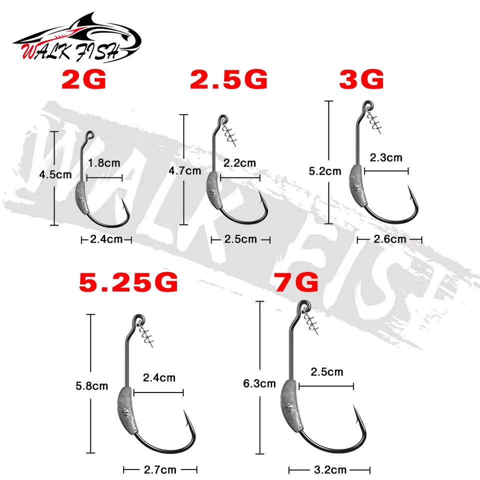 WALK FISH 5PCS Fishing Hook Lead Jig Head 2g 2.5g 3g 5.25g 7g Spring Lock Pin For Soft Bait Of Carbon Steel Hooks Fishing Tackle