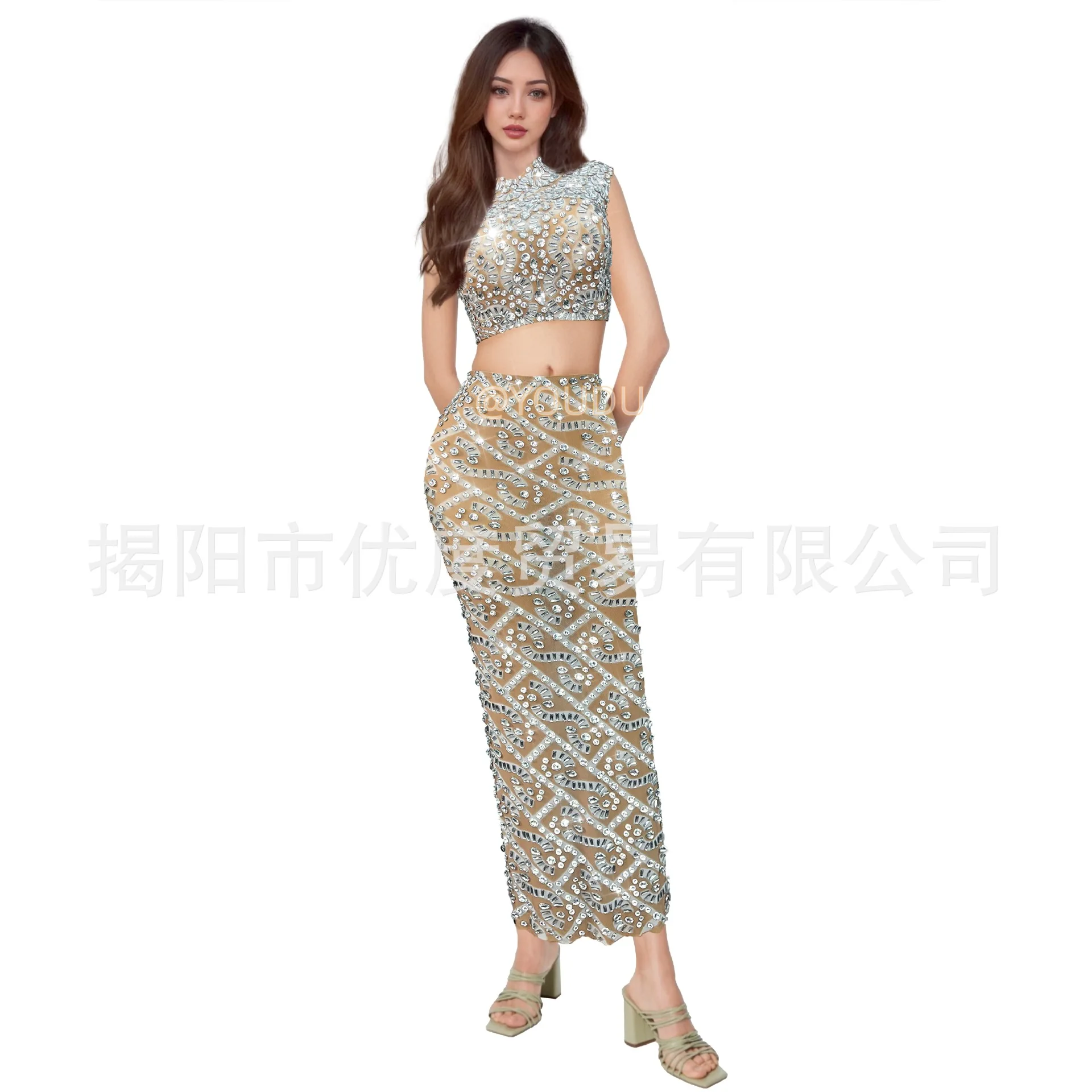 Premium Luxury Personality Glam Cocktail Party Night Party Performance Rhinestone Split Suit Two Tears Stage Performance Dresses