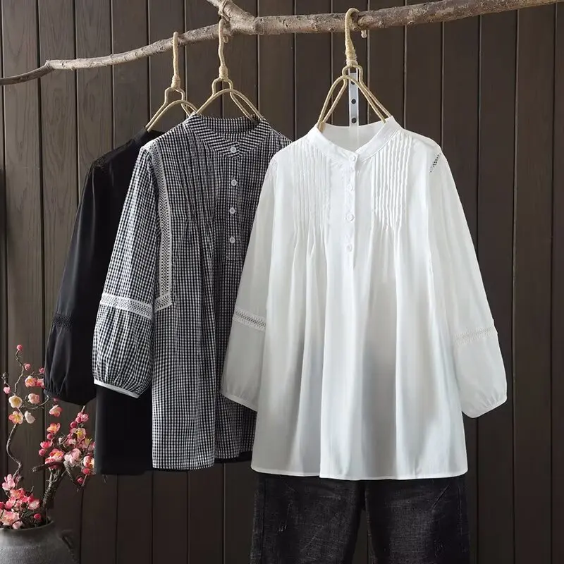 

Japanese Sweet Mori Girl Vintage Plaid Lace Hollow Out Patchwork Shirts Women Summer Stand Collar 3/4 Sleeve Casual Blouse Tops