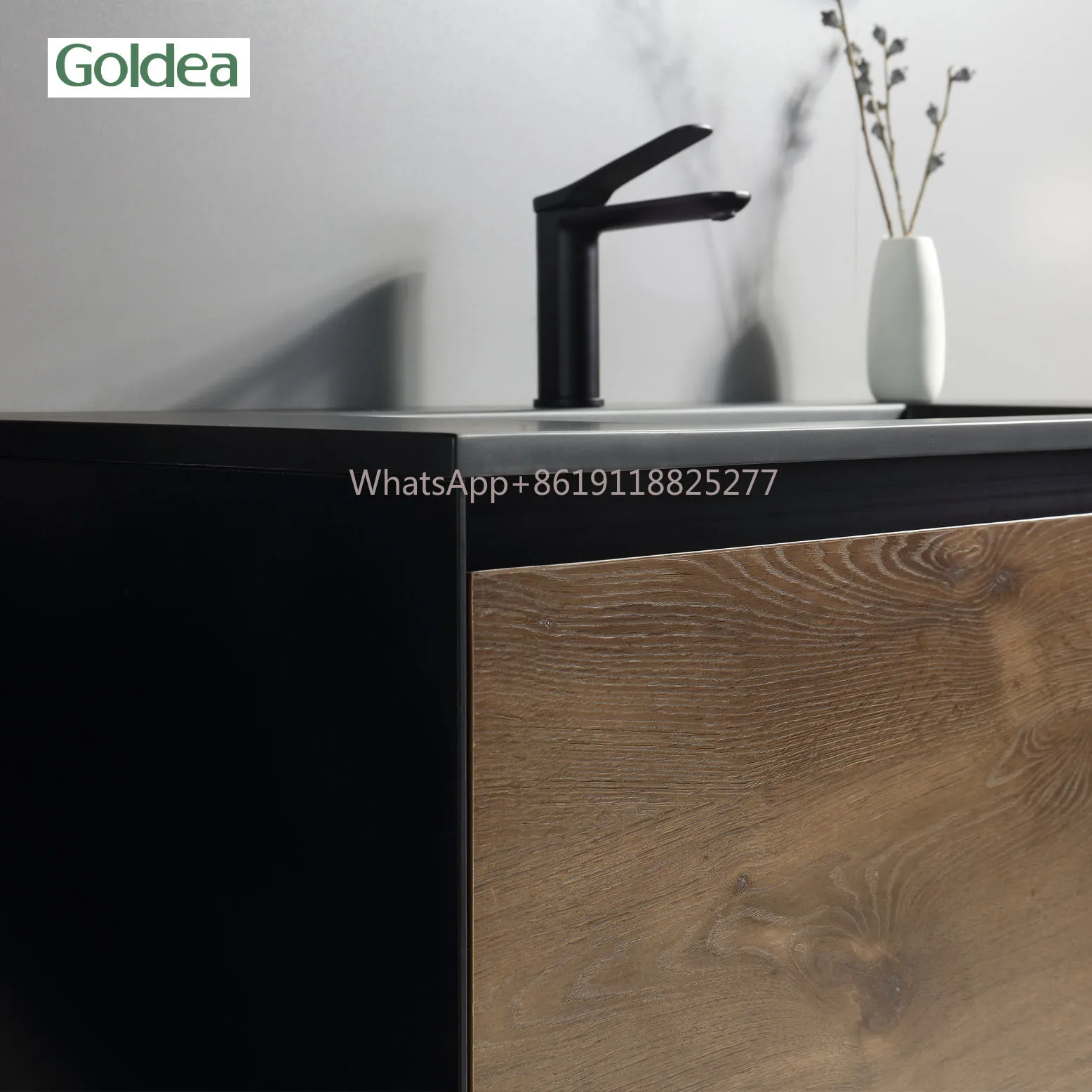 Goldea 2024 canton fair exhibits wood surface melamine black metal surround bathroom cabinet YBC205C-080