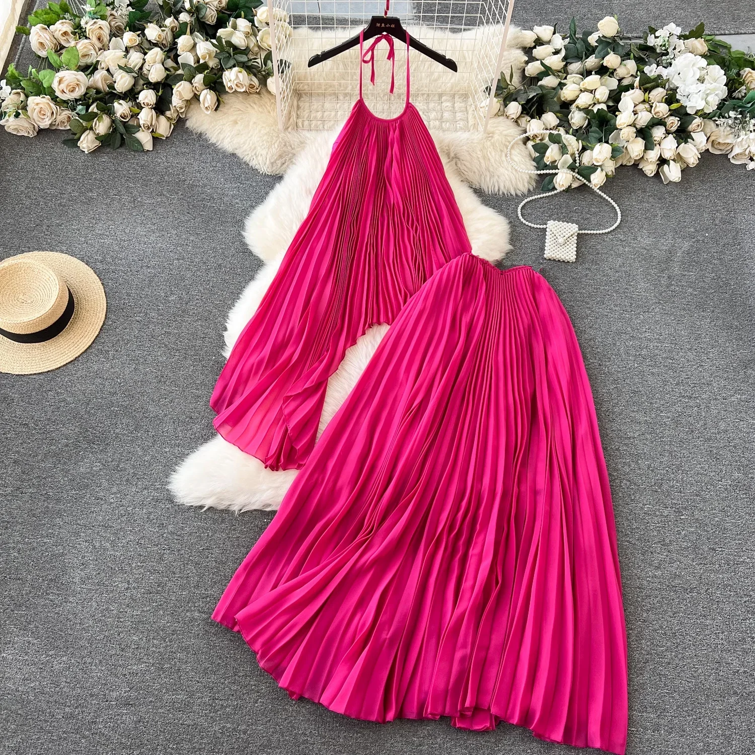 

Elegant O-neck Sleeveless & Long Skirt Set Sexy Backless Hollow Out Solid Loose 2Pc Suits Women Fashion Pleated Holiday Outfits