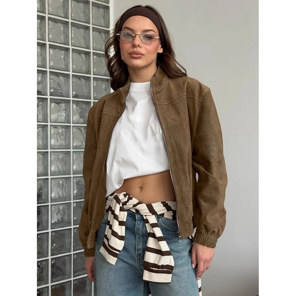 

Warm Lady's Autumn Winter Vintage Suede Jaet Long Sve Stand Collar Zipper Sle Commute Faion Women's High Quali Coat