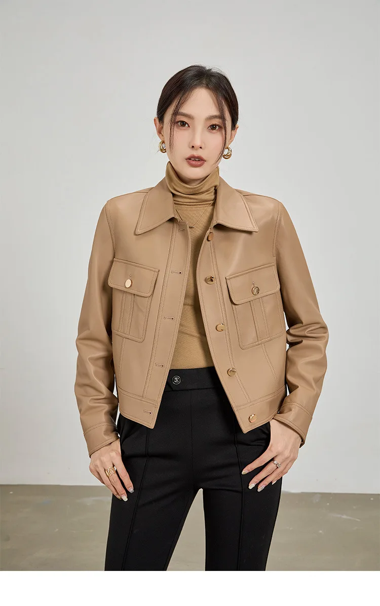 Veste en cuir de mouton véritable pour femme, manteau court, modèle de moto, haut cargo, vêtements en cuir, printemps, nouveau