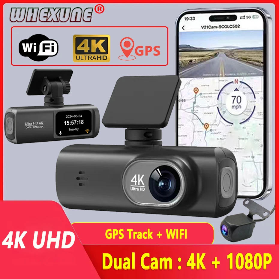 Dash Cam 4K Front and 1080P Rear WiFi GPS Tracker Camera for Parking Mode Car Dvr for Night Vision Video Recorder By App Control