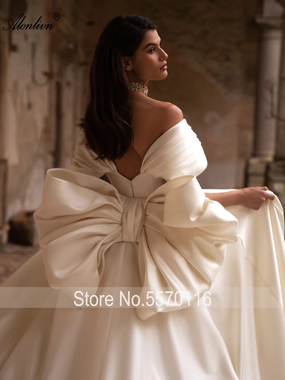 Alonlivn Elegant Satin Off The Shoulder Sleeves A-Line Wedding Dresses With Back Bow