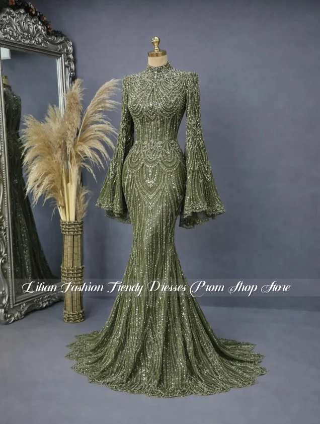 army green dresses Prom Ball Gown Satin Puffy Sleeves 31 32 33 Bust Tight Army Green Prom Dresses