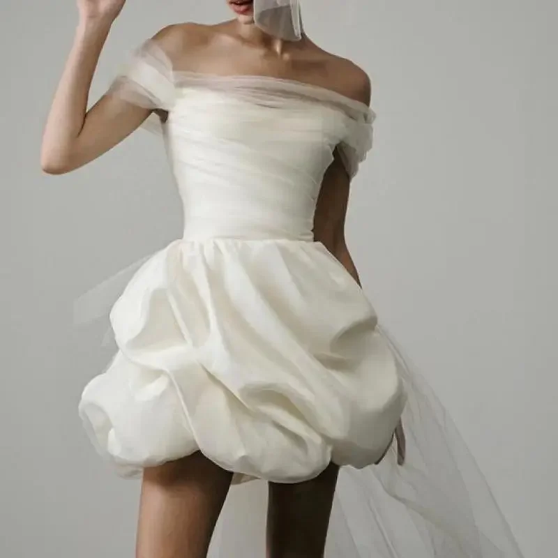 Nowe Eleganckie Lekkie Suknie Ślubne dla Kobiet Białe Seksowne Mini Sukienki Ślubne z Siateczkowym Trenem Luksusowe Sukienki na Przyjęcia Vestidos