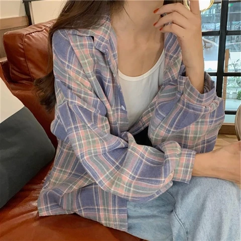 Camicia a quadri da donna Camicia ampia a maniche lunghe con colletto abbottonato Camicetta monopetto Top Camicie a quadri pastello preppy da donna