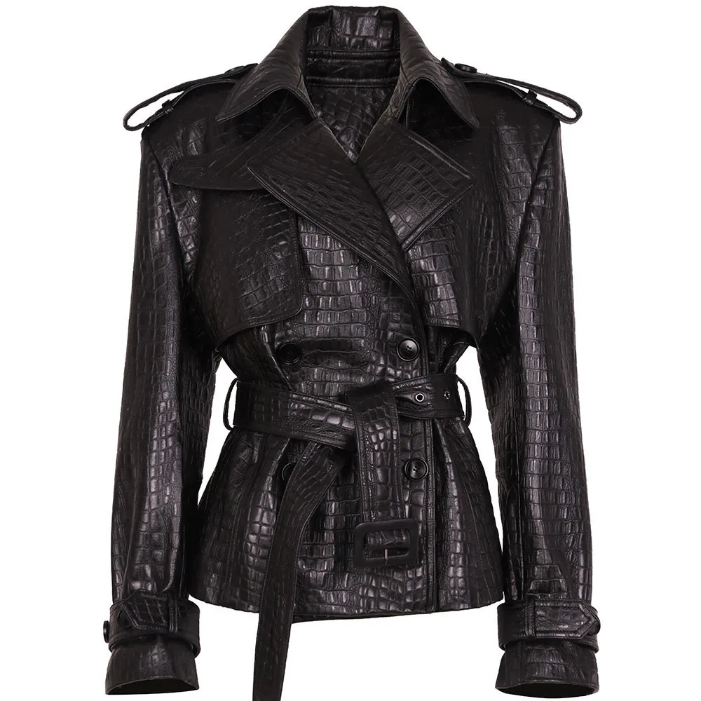 YOLOAgain Double Breasted Croc Pattern Leather Jacket Women 2026 Autumn New Genuine Leather Jacket Ladies