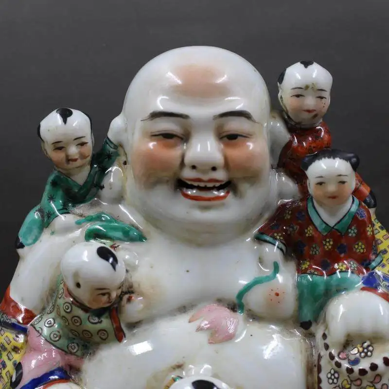 Chinese Antique Collectible Qing Guangxu Famille Rose Sculpture Five Blessing Boys Maitreya Buddha Figurine Handmade Porcelain